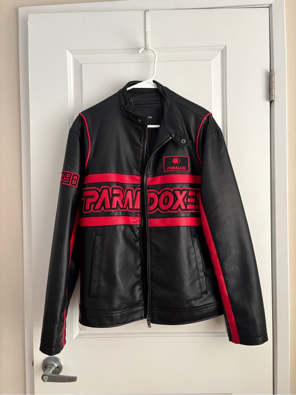 BERSHKA Motocross Faux Leather Jacket Black & Red